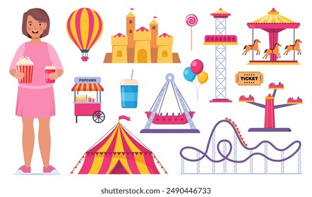 Amusement park icons. Kid, carnival circus tent, ferris wheel, roller coaster, carousel and popcorn booth, tickets box, balloon. Ice cream, soda, popcorn. Vector