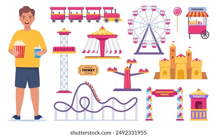 Amusement park icons. Kid, carnival circus tent, ferris wheel, roller coaster, carousel and popcorn booth, tickets box, balloon. Ice cream, soda, popcorn. Vector