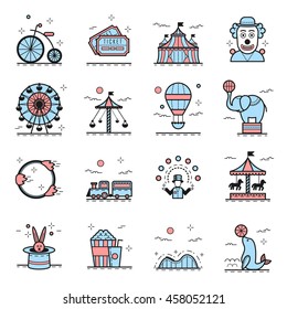 Amusement park icons in linear style, vector illustration. Thin line circus design elements set.