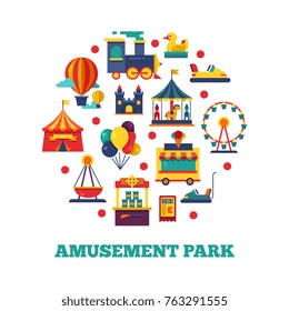 Iconos de parque de atracciones alrededor concepto. Parque de atracciones, carrusel de carnaval, ilustración vectorial