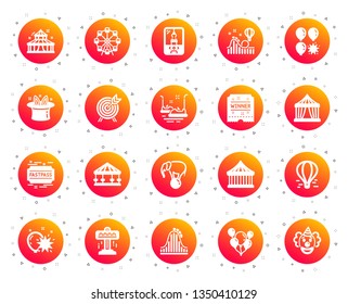 Amusement park icons. Set of Carousel, Roller coaster and Circus icons. Air balloon, Crane claw machine and Fastpass symbols. Circus amusement park tickets. Ferris wheel carousel. Gradient buttons set