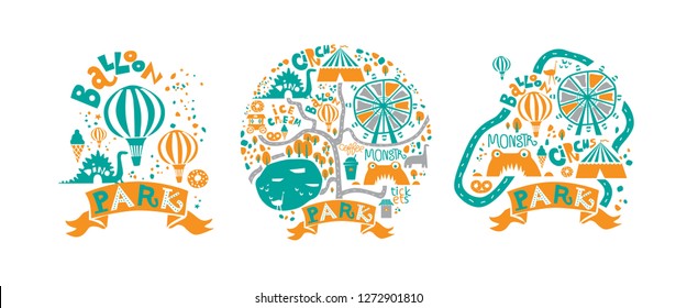 Amusement Park icons set in cartoon style with attractions and walking paths, pond, ice cream, coffee, Ferris wheel, balloon, a circus, dino. Festival, park or fair design. Vector illustration