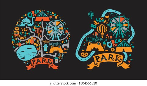 Amusement Park icons set in cartoon style with attractions and walking paths, pond, ice cream, coffee, Ferris wheel, balloon, a circus, dino. Festival, park or fair design. Vector illustration