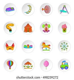 Amusement park icons set. Cartoon illustration of 16 amusement park vector icons for web