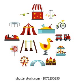Amusement park icons set in flat style. Attraction park set collection vector illustration