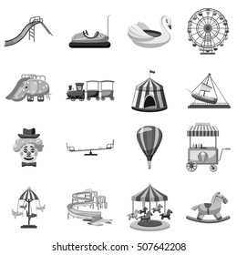 Amusement park icons set. Gray monochrome illustration of 16 amusement park vector icons for web