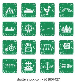 Amusement park icons set in grunge style green isolated vector illustration