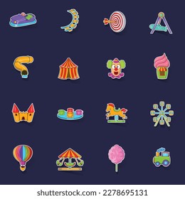 Amusement Park icons set stikers collection vector with shadow on purple background