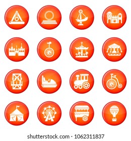 Amusement park icons set vector red circle isolated on white background 