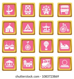 Amusement park icons set vector pink square isolated on white background 