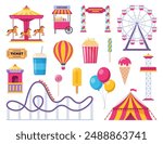 Amusement park icons. Vector carnival circus tent, ferris wheel, roller coaster, carousel and popcorn booth, tickets box, balloon. Ice cream, soda, popcorn. Vector