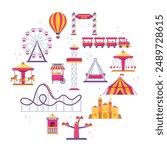 Amusement park icons. Vector carnival circus tent, ferris wheel, roller coaster, carousel and popcorn booth, tickets box, balloon. Vector