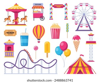 Iconos del parque de diversiones. Carpa de circo de carnaval de Vector, noria, montaña rusa, carrusel y cabina de palomitas, caja de entradas, globo. Helado, refrescos, palomitas de maíz. Vector