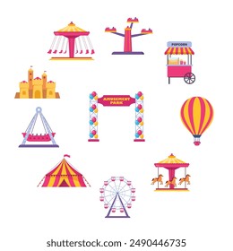 Amusement park icons. Vector carnival circus tent, ferris wheel, roller coaster, carousel and popcorn booth, tickets box, balloon. Vector