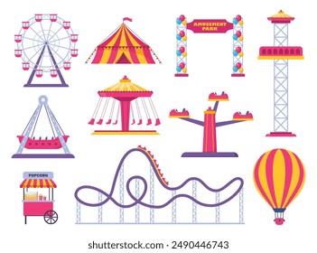 Iconos del parque de diversiones. Carpa de circo de carnaval de Vector, noria, montaña rusa, carrusel y cabina de palomitas, caja de entradas, globo. Vector