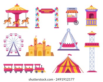 Amusement park icons. Vector carnival circus tent, ferris wheel, roller coaster, carousel and popcorn booth, tickets box, balloon. Vector