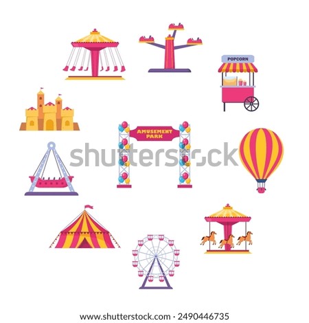 Amusement park icons. Vector carnival circus tent, ferris wheel, roller coaster, carousel and popcorn booth, tickets box, balloon. Vector