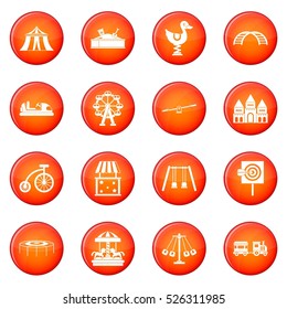 Amusement park icons vector set of red circles isolated on white background