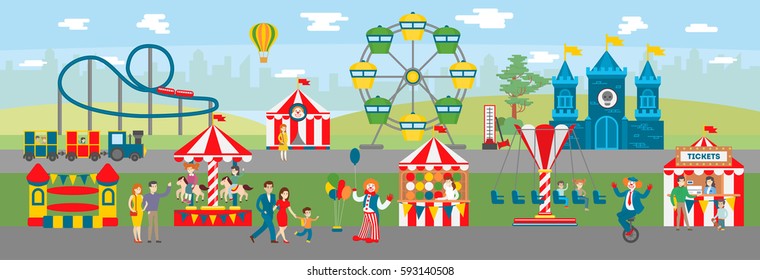 Amusement park illustration. Circus and ferris, fun fair and roller coaster. Parents and children have fun. Kids ride on carousels.