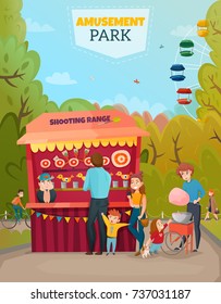 Amusement Park Illustration Of Family With Two Little Children Near Shooting Range Tent Cartoon Vector Illustration