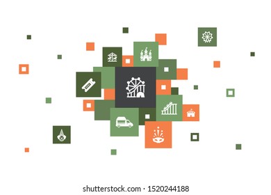 amusement park Infographic 10 steps pixel design. Ferris wheel, Carousel, Roller coaster, carnival icons