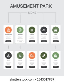 amusement park Infographic 10 steps UI design.Ferris wheel, Carousel, Roller coaster, carnival simple icons