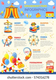 Amusement park infographics layout with carousel and attractions vector illustration