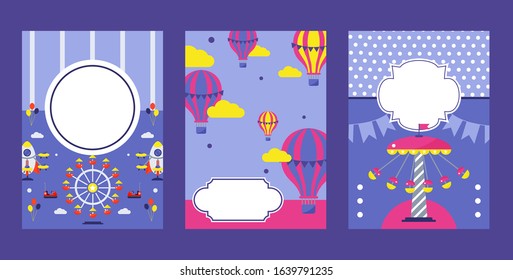 Amusement park invitation banner, vector illustration. Summer fairground with carousels and hot air balloons. Funfair invitation, amusement park entrance ticket, brochure cover template in flat style