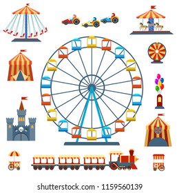 Amusement park isolated entertainments. Wheels rides and amusement ferry, carnival tent and kids recreation isolated on white, vector illustration