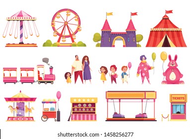 Amusement park isolated icons set of autodrome train carousel medieval castle attractions circus tent and visitors cartoon vector illustration