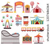 Amusement park isolated icons. Vector flat illustration of circus tent, carousel, ferris wheel and other attractions. Carnival design elements.
