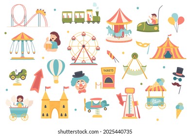 Amusement park isolated objects set. Collection of carousels and attractions, roller coasters, popcorn, clown, children, cotton candy, ice cream. Vector illustration of design elements in flat cartoon