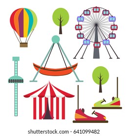Amusement park isolated vector illustration on white background. Entertainment park set. with attraction free fall, car, ferris wheel, balloon, tree, tent