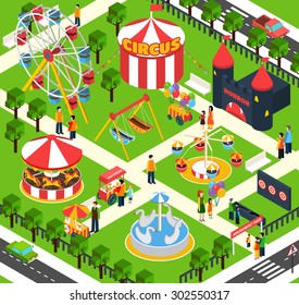 Amusement park isometric with 3d people figures and oudoors objects vector illustration