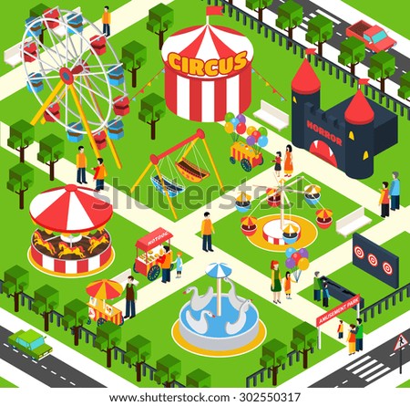 Amusement park isometric with 3d people figures and oudoors objects vector illustration
