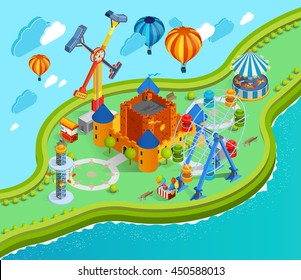 Amusement park isometric cartoon composition with giant swing colorful aerostats with baskets ferris wheel and castle vector illustration   