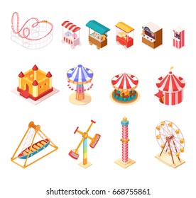 Amusement park isometric cartoon icons set with seesaw medieval castle ferris wheel circus tent popcorn and ice cream booths isolated vector illustration