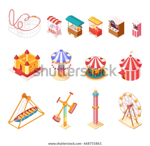 Amusement park isometric cartoon icons set\
with seesaw medieval castle ferris wheel circus tent popcorn and\
ice cream booths isolated vector\
illustration