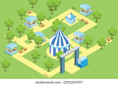 Amusement park isometric composition with carousel circus tent ticket cashier kiosk and people with children vector illustration