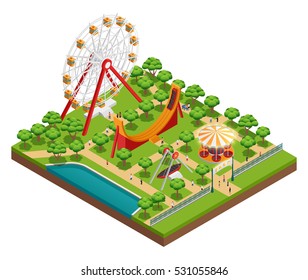 Amusement Park Isometric Composition With Carousel And Ferris Wheel Symbols Vector Illustration 