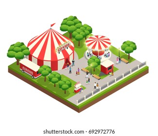 Amusement park isometric composition with carousel circus tent ticket cashier kiosk and people with kids vector illustration 