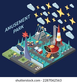 Amusement park isometric composition with isolated view of thematic space park with rockets and alien ship vector illustration