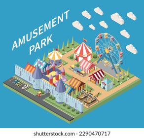 Amusement park isometric composition with isolated view of recreation area with medieval style wall and attractions vector illustration