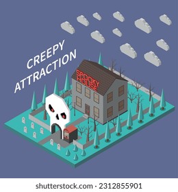 Amusement park isometric composition with isolated view of creepy attraction house spooky entrance and editable text vector illustration