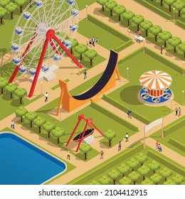 Amusement park isometric concept with ferris wheel and attractions vector illustration