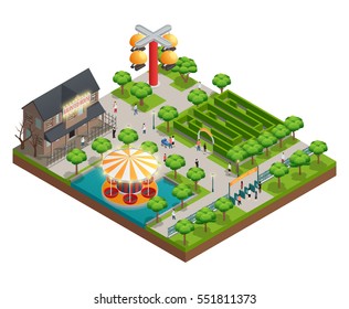 Amusement park isometric concept with haunted house and labyrinth symbols vector illustration