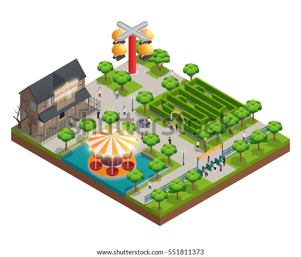 Amusement park isometric concept with\
haunted house and labyrinth symbols vector\
illustration