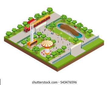 Amusement park isometric concept with roller coaster and train symbols vector illustration 