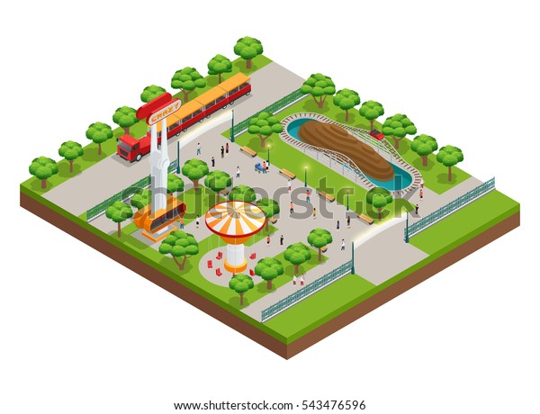 Amusement park isometric concept with\
roller coaster and train symbols vector illustration\
