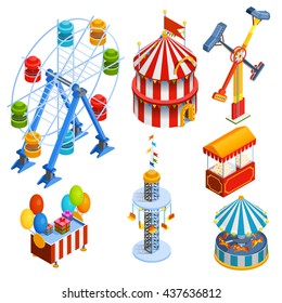 Amusement park isometric decorative icons set with ferris wheel circus tent popcorn vendor balloons and gift booths in cartoon style isolated vector illustration